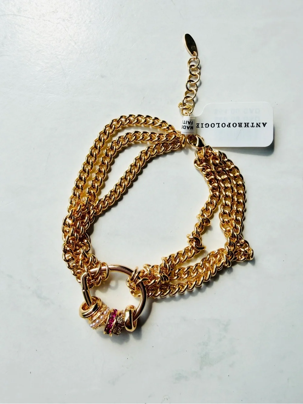 NWT Anthropologie Layered Chain O-Ring Bracelet Gold & Pink